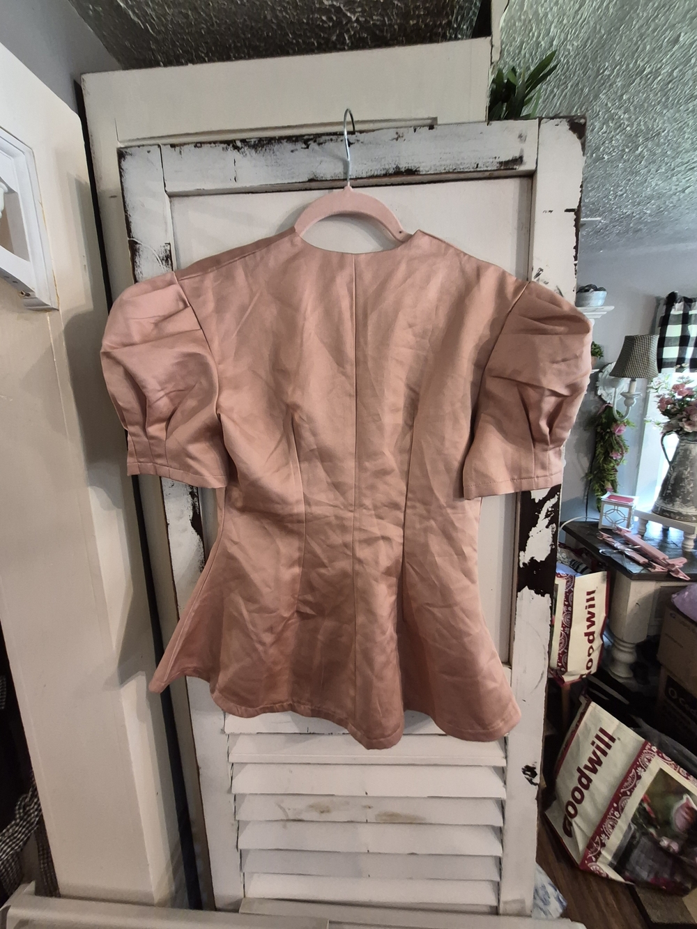 pink satin puff-sleeve peplum blouse adorned with decorative crystal button Down - Picture 2 of 6